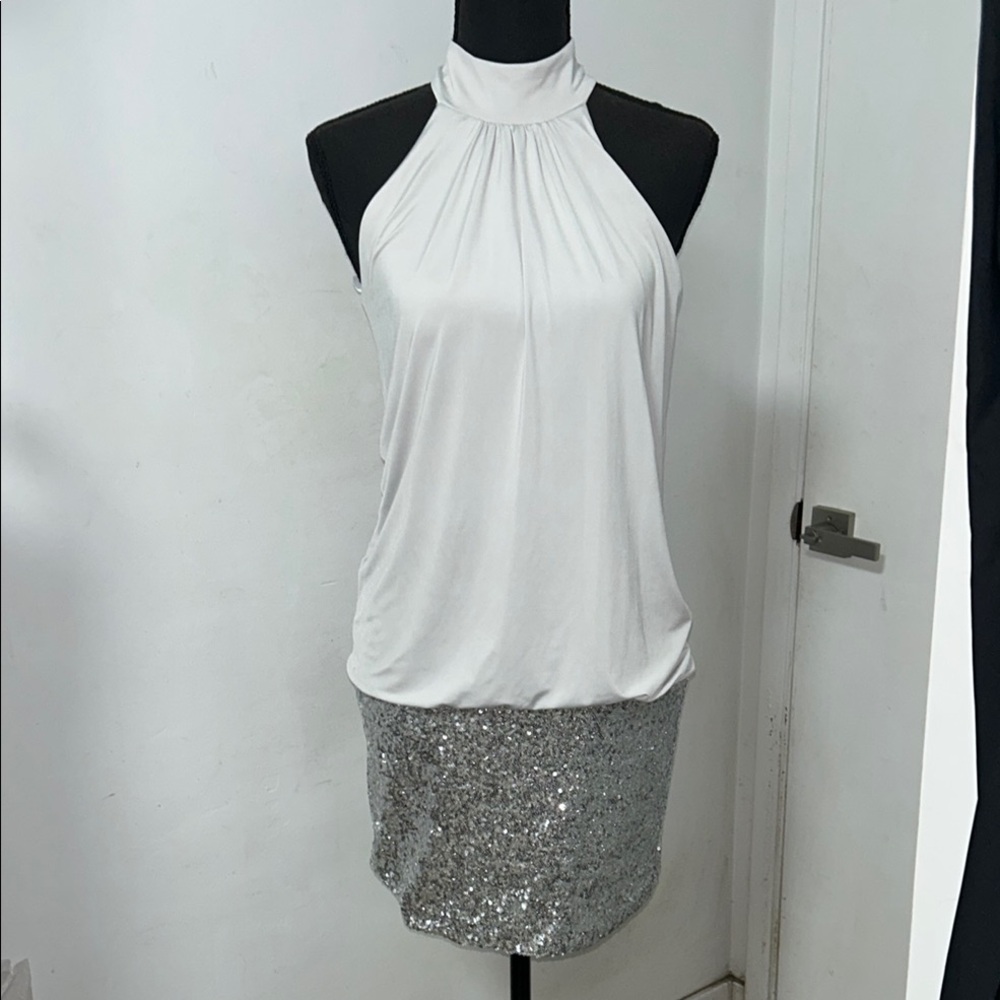 Light silver Halter Dress Top with Silver Sequin Skirt
